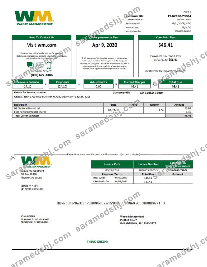 USA Waste Management bank statement template in Word and PDF format, good for address prove